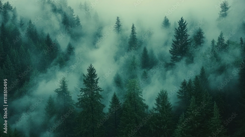 Poster A misty forest scene with dense trees shrouded in fog, creating a tranquil atmosphere.