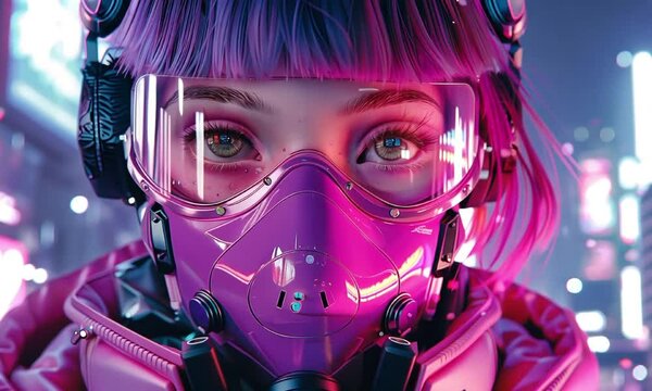 Futuristic female warrior in pink respirator video animation. Neon lights in city. Cyberpunk woman intense look animated footage HD clip seamless motion graphics. Science fiction concept