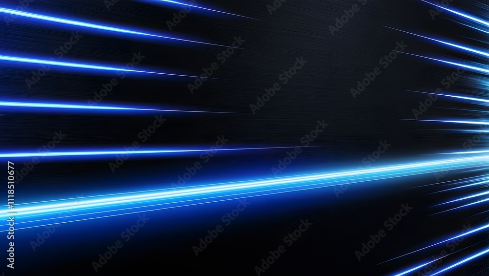 Poster blue light streaks on a black background with glowing horizontal lines in a high speed motion blur e