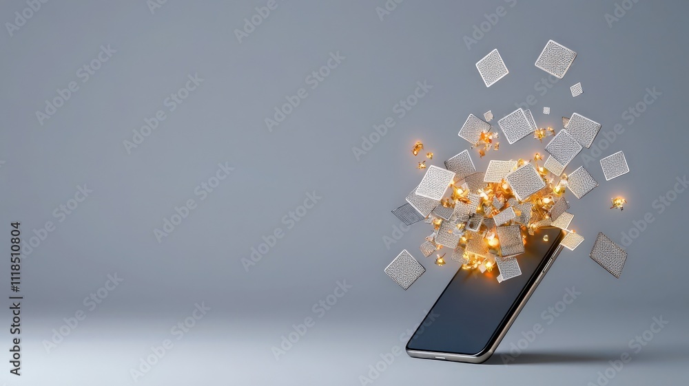 Poster spam call phone security concept. smartphone with glowing effects and sparkles in a minimalist setti