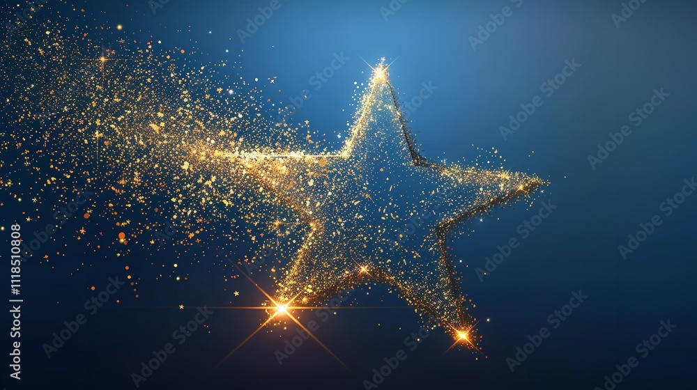 Poster over a dark blue setting, a lone star appears with a vector light effect of dazzling golden sparkles