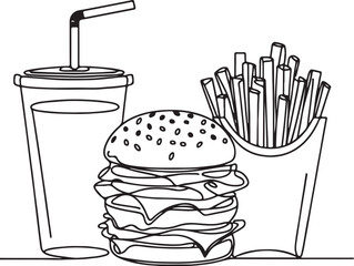 Minimalist Line Art Drawing of Burger, Soda, and French Fries on White Background – Fast Food Illustration