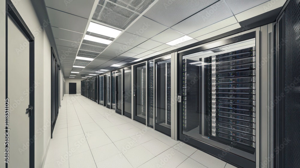 Poster a modern data center hallway lined with server racks for technology infrastructure.