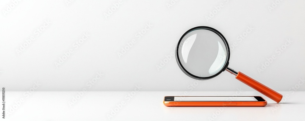 Poster spam call phone security concept. magnifying glass on a surface next to a colorful notepad.