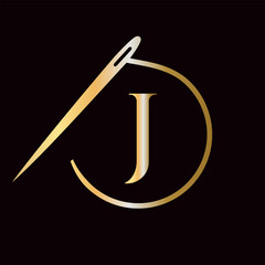 Letter J Tailor Logo, Needle and Thread Logotype for Garment, Embroider, Textile, Fashion, Cloth, Fabric Sign