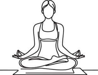 Minimalist Line Art of a Woman Meditating and Doing Yoga – Fitness and Wellness Illustration on White Background