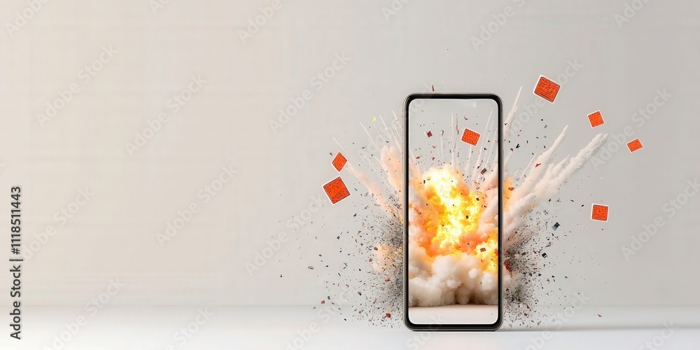 Poster spam call phone security concept. smartphone with explosion effect and colorful particles bursting o