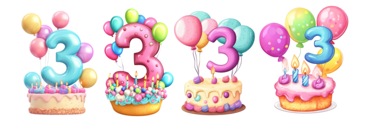 Pack Minimalist Cartoon Style Alphabet Number "8" Made of Candle on Cake with Balloons Clipart Icon Isolated Against a Transparent Background for Birthday, Celebration, or Event Design set