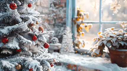 Christmas tree with red decorations and snowflakes. Winter background.