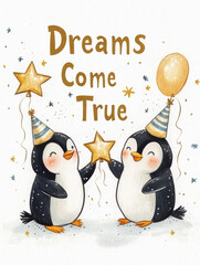 Obraz premium Charming New Year Illustrations with two happy penguins holding star-shaped balloons: Wallpapers, T-shirts, Posters & Decor