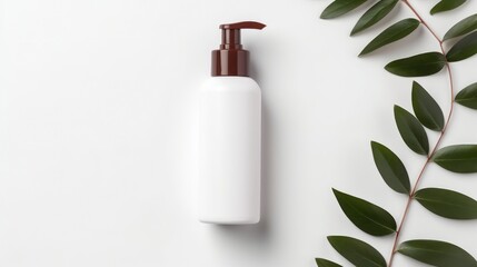 Cosmetic bottle on white background with green leaves