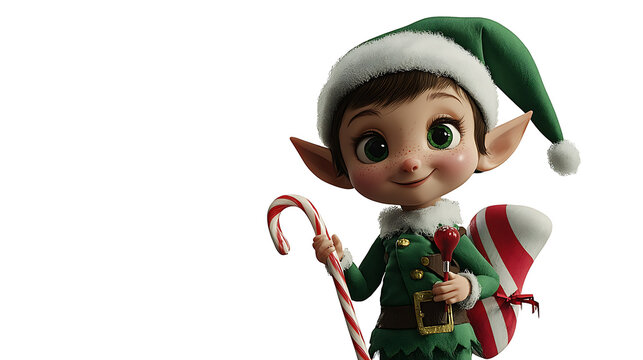 A green elf is holding a candy cane and smiling