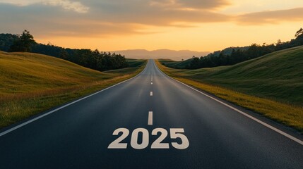 Planning for future success with a 2025 goal on an open road at sunset, symbolizing business growth and new year aspirations