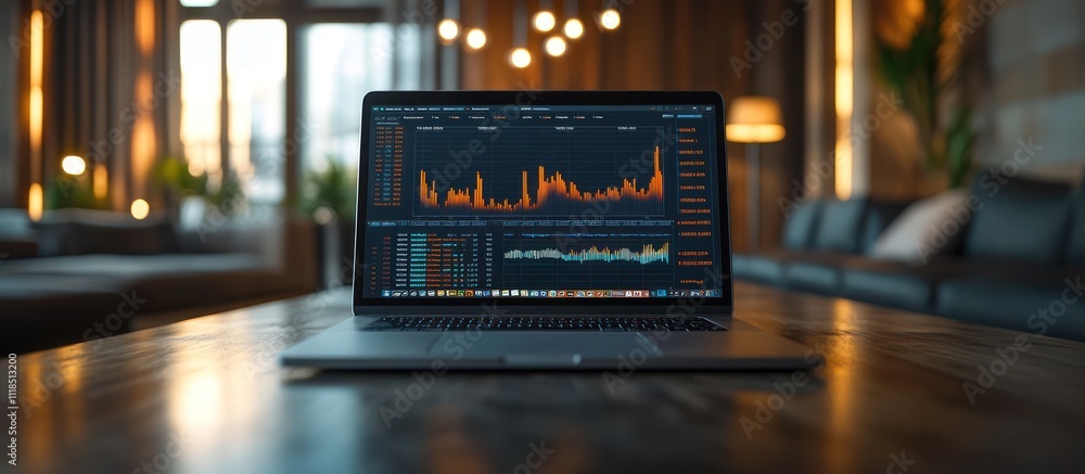 Poster laptop displaying financial graphs on a wooden table in a modern setting.