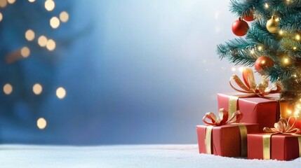 Festive tree with gifts in snowy Christmas night scene