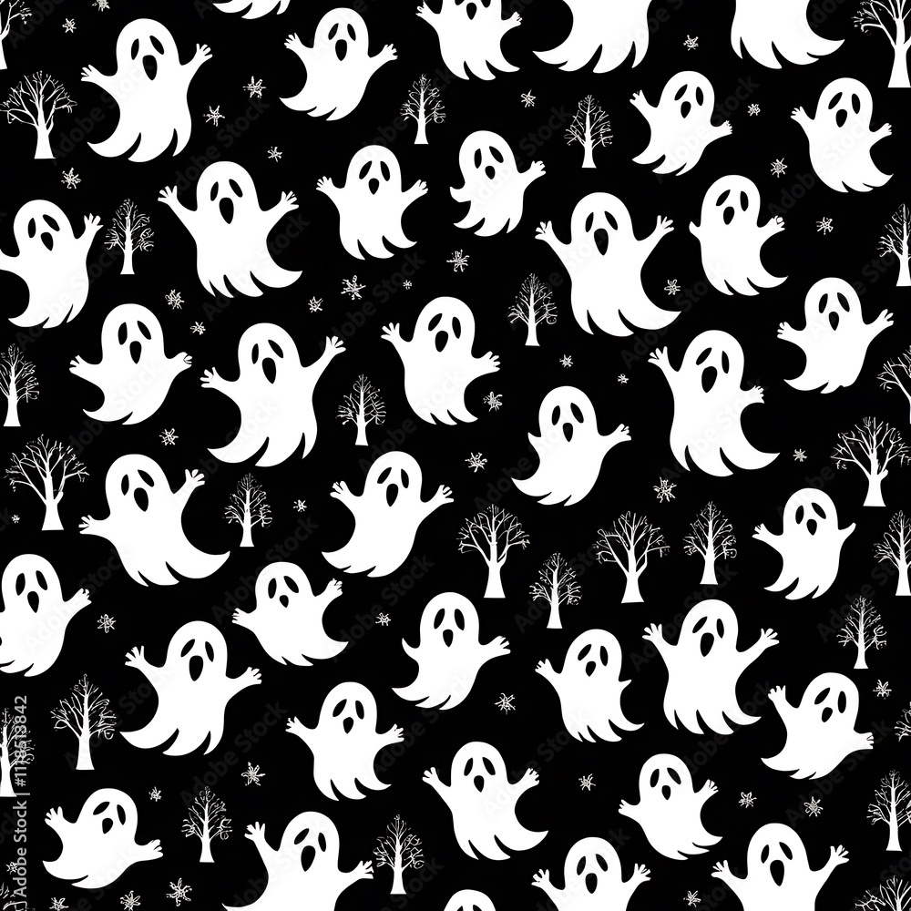 Aufkleber spooky ghostly pattern: a haunting and playful pattern featuring ghostly figures amidst a backdrop o