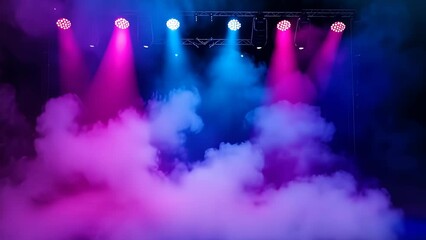 Intense pink and blue smoke swirling under gleaming stage lights creates a theatrical ambiance. The vibrant colors suggest a lively concert or dynamic performance event, invoking feelings of