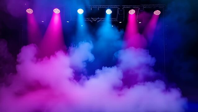 Intense pink and blue smoke swirling under gleaming stage lights creates a theatrical ambiance. The vibrant colors suggest a lively concert or dynamic performance event, invoking feelings of