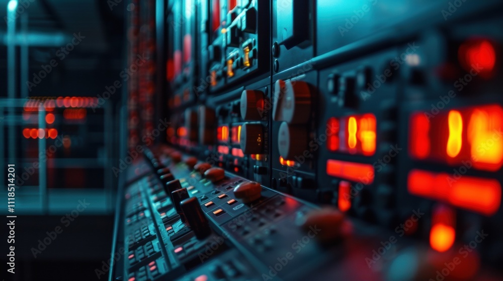 Aufkleber complex audio mixing console in a professional recording studio, featuring illuminated faders, knobs