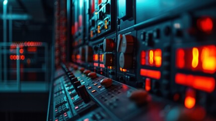 Complex audio mixing console in a professional recording studio, featuring illuminated faders, knobs, and displays, creating a vibrant and technologically advanced atmosphere for music production