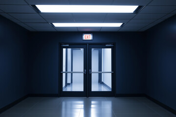 A hallway with two doors and a red exit sign. The hallway is empty and the lights are on