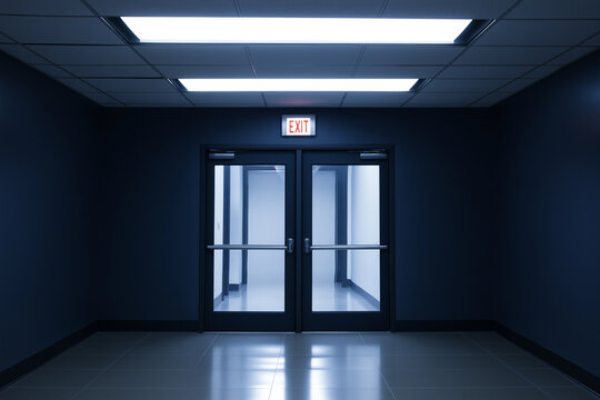 A hallway with two doors and a red exit sign. The hallway is empty and the lights are on