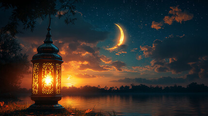 Fototapeta premium A beautiful, ornate lantern hangs in the night sky, lit up with a warm glow. ramzan mubarak