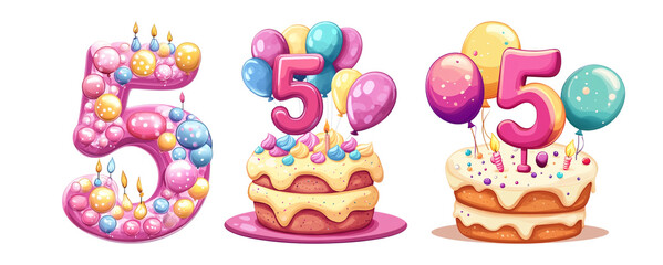 Pack Minimalist Cartoon Style Alphabet Number "8" Made of Candle on Cake with Balloons Clipart Icon Isolated Against a Transparent Background for Birthday, Celebration, or Event Design set