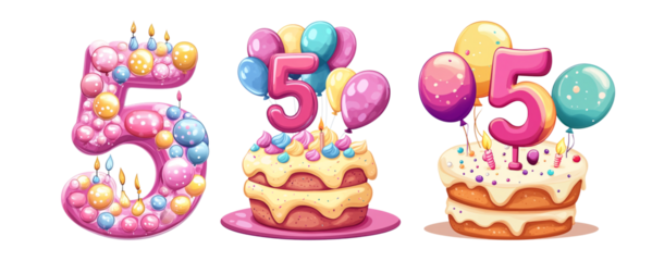 Pack Minimalist Cartoon Style Alphabet Number "8" Made of Candle on Cake with Balloons Clipart Icon Isolated Against a Transparent Background for Birthday, Celebration, or Event Design set