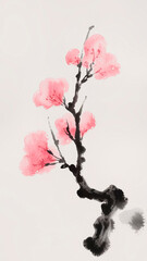 The beautiful Chinese traditional ink painting of a delicate pink and black Sakura blossom with soft purple petals, featured in a minimalist style on a white background, perfect for greeting cards