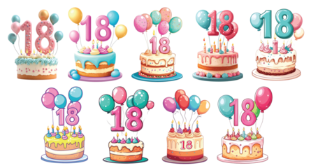 Pack Minimalist Cartoon Style Alphabet Number "18" Made of Candle on Cake with Balloons Clipart Icon Isolated Against a Transparent Background for Birthday, Celebration, or Event Design set