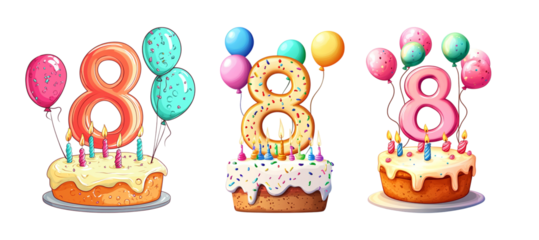 Pack Minimalist Cartoon Style Alphabet Number "8" Made of Candle on Cake with Balloons Clipart Icon Isolated Against a Transparent Background for Birthday, Celebration, or Event Design set