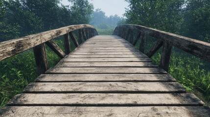Fototapeta premium A serene wooden bridge stretches over lush greenery, inviting exploration in a tranquil, misty landscape.