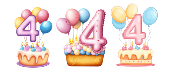 Pack Minimalist Cartoon Style Alphabet Number "8" Made of Candle on Cake with Balloons Clipart Icon Isolated Against a Transparent Background for Birthday, Celebration, or Event Design set