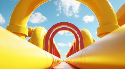 Low angle view of a vibrant yellow and red inflatable obstacle course against a bright blue sky with fluffy clouds.