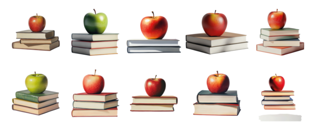 Pack An apple placed on a stack of books against a transparent background for promoting knowledge, education, or healthy lifestyle themes set