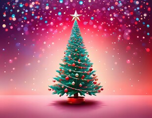 Festive Christmas Tree Red Background Bright Lights