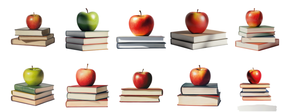Pack An apple placed on a stack of books against a transparent background for promoting knowledge, education, or healthy lifestyle themes set