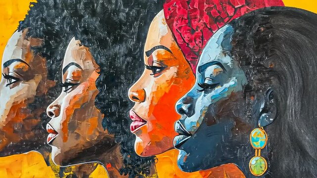 A vivid portrayal showing four Black women's profiles, depicted in bright, expressionist style against a yellow backdrop. Each subject exudes distinct, serene expressions, combining fashion and