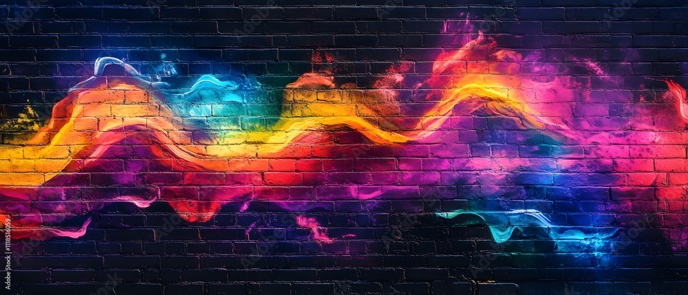 Poster vibrant abstract waves of color against dark brick wall background ideal for creative and artistic d