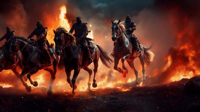 The Four Horsemen of the Apocalypse depicted in dramatic motion.
Bible New Testament Revelation.
