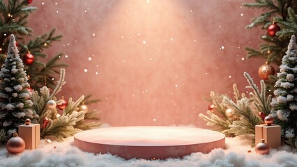 Vintage Circular Podium in Pastel Pink Winter Wonderland, Festive Product Display with Snow, Christmas Trees, and Golden Spotlight