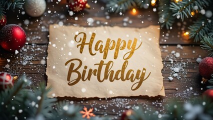 Rustic Winter Wonderland Happy Birthday Card, Elegant Golden Cursive Text on Parchment Paper with Christmas Decorations and Snowflakes