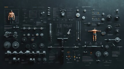 Naklejka na ściany i meble Overhead flatlay of fitness equipment & muscular man.