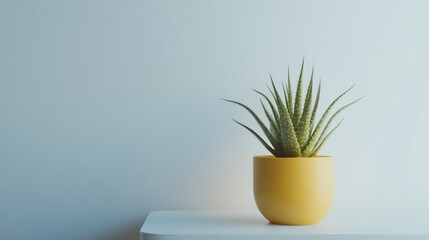 Fototapeta premium A potted succulent in a yellow container on a minimalist table against a light wall.