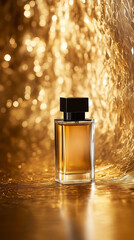 Elegant perfume bottle on a shimmering gold background with sparkling lights