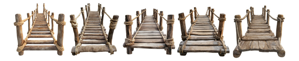 Naklejka premium Pack Wooden Rope Bridge Against a Transparent Background, Realistic Ultra-High-Resolution Rendering for Architecture Photography, Outdoor Design, or Bridge Concepts set