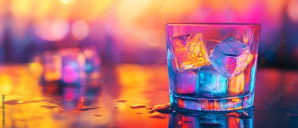 Poster vibrant cocktail glass with colorful ice cubes on a reflective surface amidst a soft bokeh backgroun