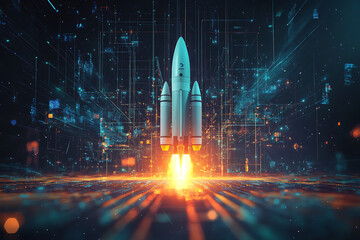 Abstract digital background showcasing a futuristic rocket with glowing trails in a vibrant cosmic setting, symbolizing innovation and space exploration.

