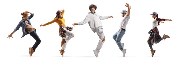 Cheerful young men and women performing a hip hop choreography